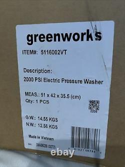 Greenworks 2000 PSI Electric Pressure Washer 13 amps 1.1 GPM 5116002VT