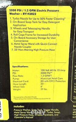 Ryobi 2000 PSI Electric Pressure Washer 1.2 GPM Cold Water Model RY142022